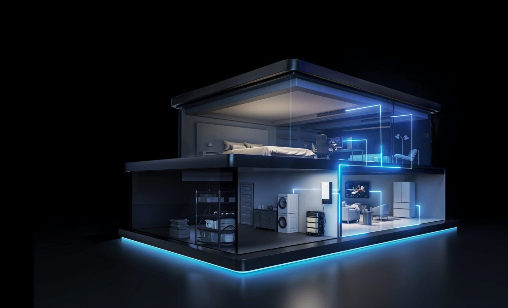 A model of a house with blue lights around it.